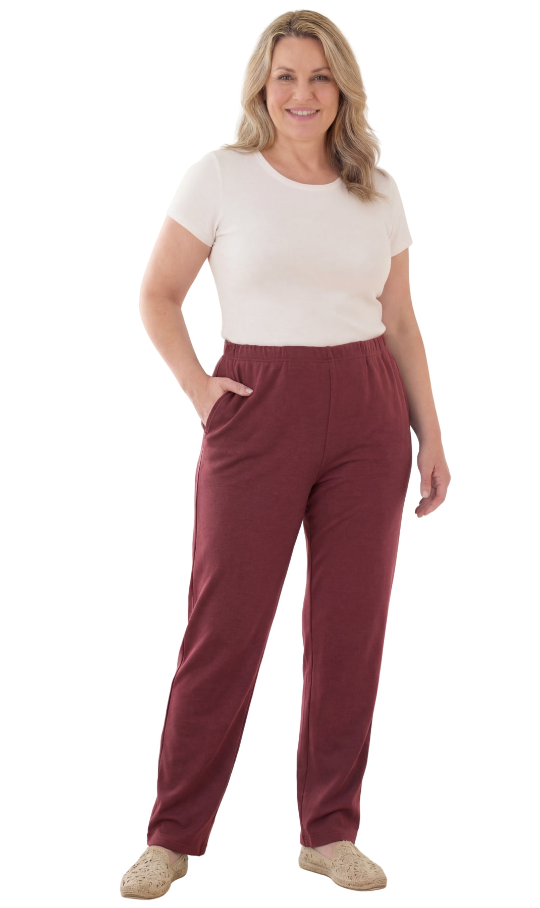Women's Pull-On Flat Front Knit Pants — Cotton Blend Elastic Waist