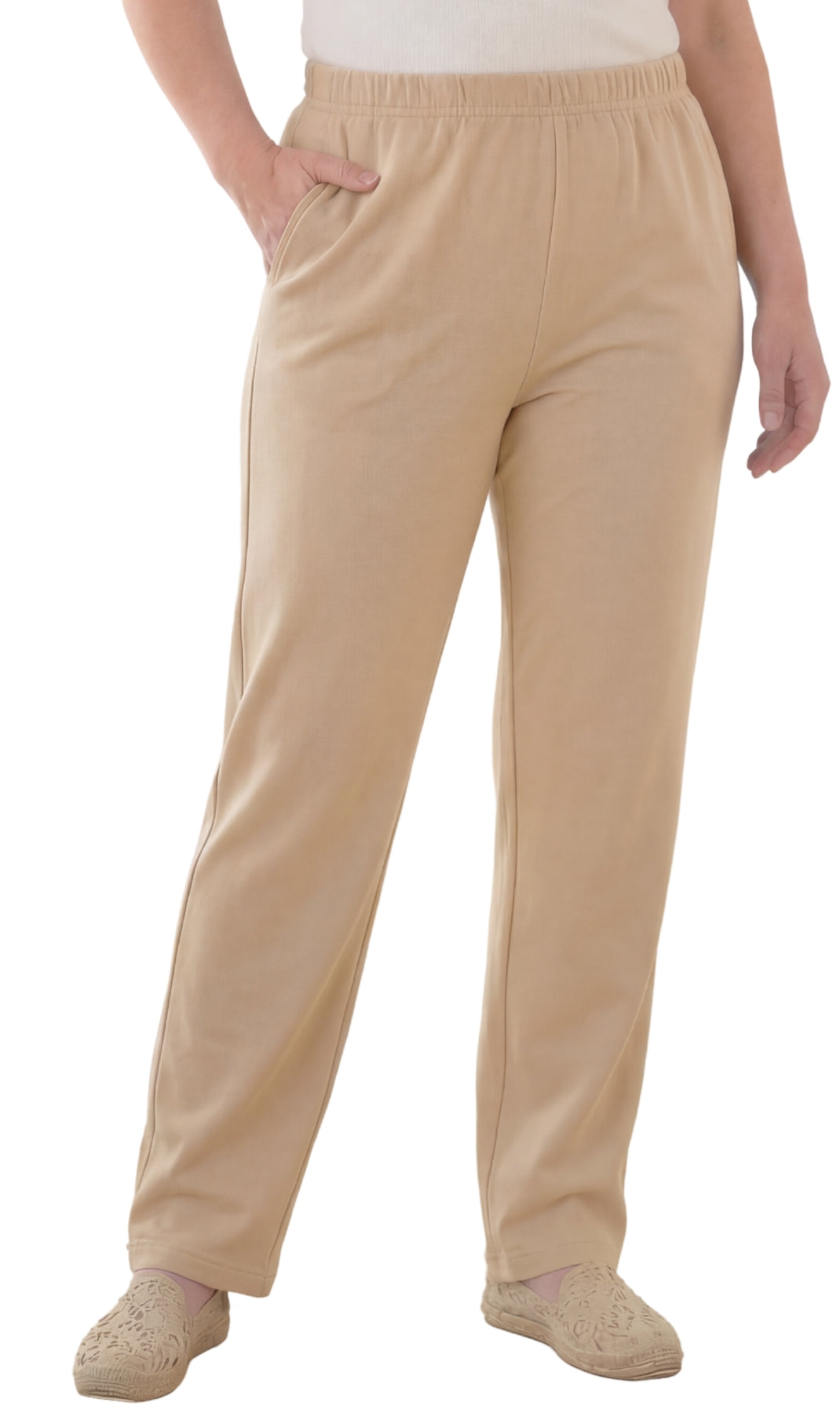 Women's Pull-On Flat Front Knit Pants — Cotton Blend Elastic Waist