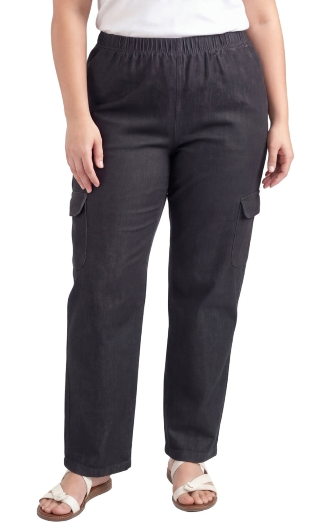 Women's Pull-On Denim Cargo Pants — Elastic Stretch Waist