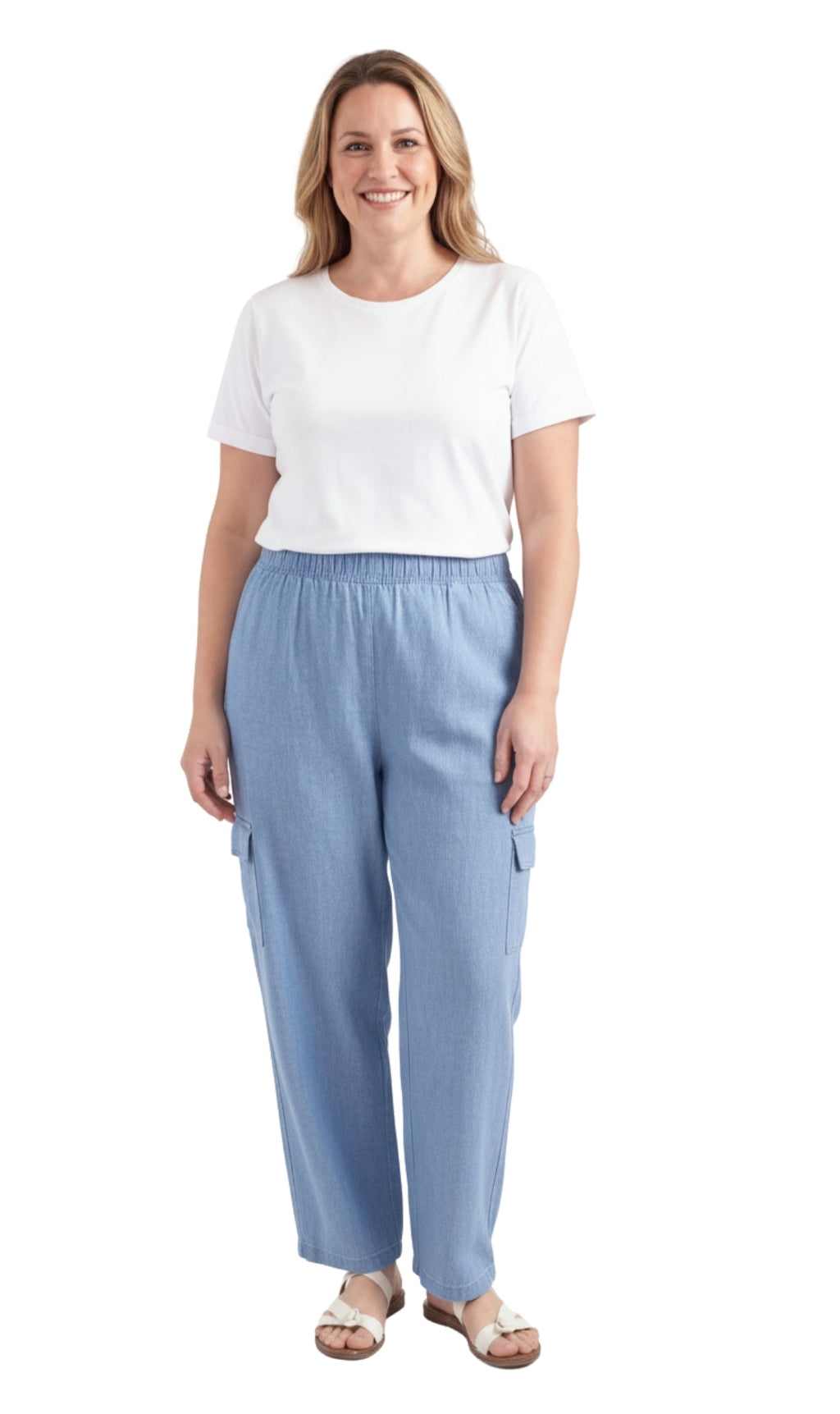 Women's Pull-On Denim Cargo Pants — Elastic Stretch Waist