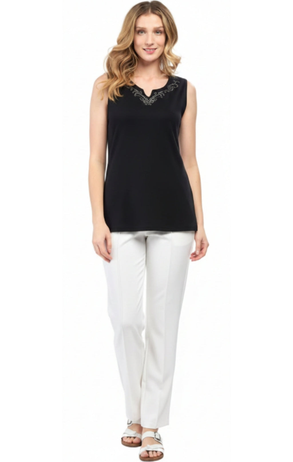 Women's Rhinestone Notch V-Neck Sleeveless Knit Tank Top