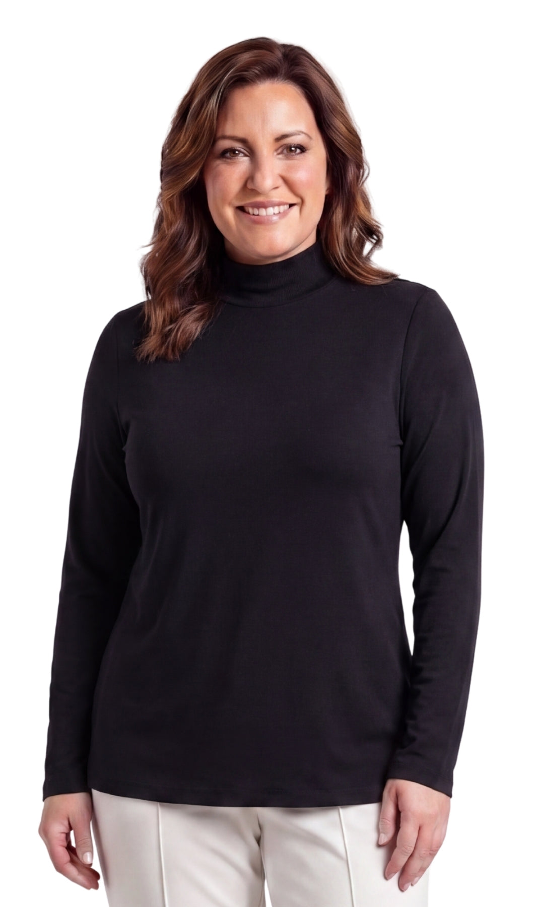 Women's Long Sleeve Mock Neck Top — Lightweight Cotton Blend