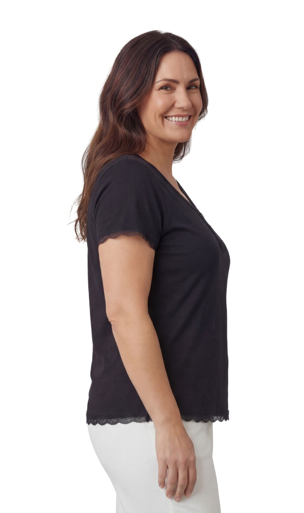 Women's Short Sleeve V-Neck Tee with 3-Button Henley Placket
