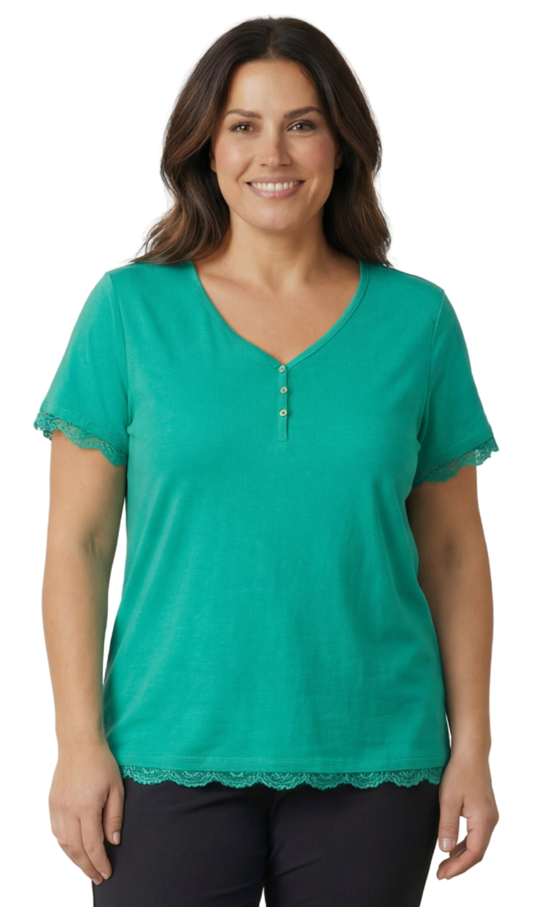 Women's Short Sleeve V-Neck Tee with 3-Button Henley Placket