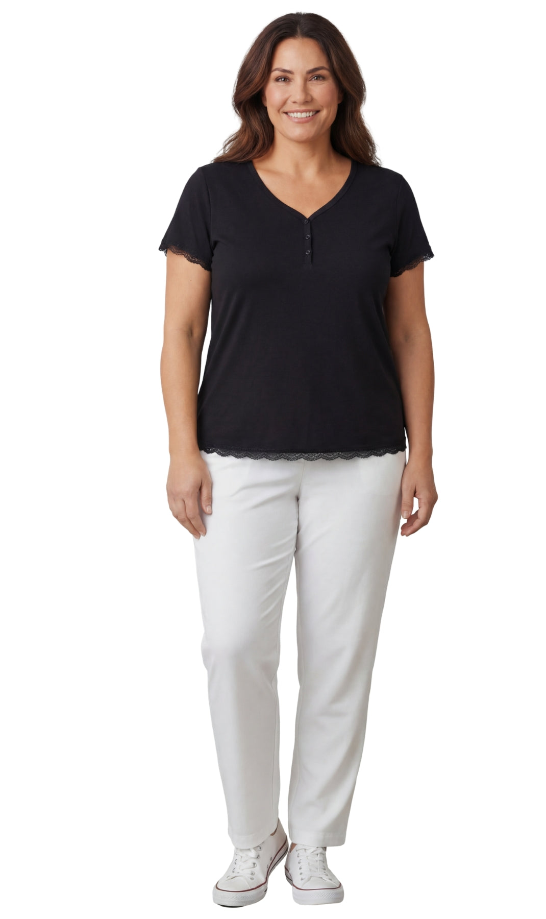 Women's Short Sleeve V-Neck Tee with 3-Button Henley Placket