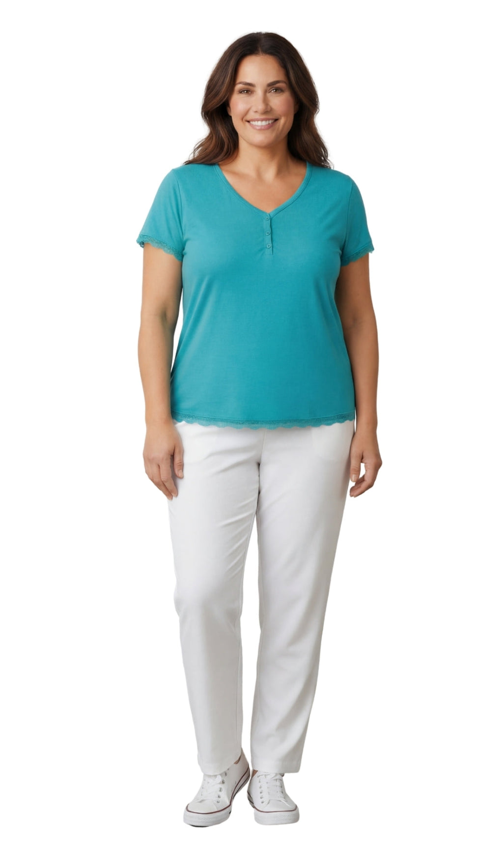 Women's Short Sleeve V-Neck Tee with 3-Button Henley Placket