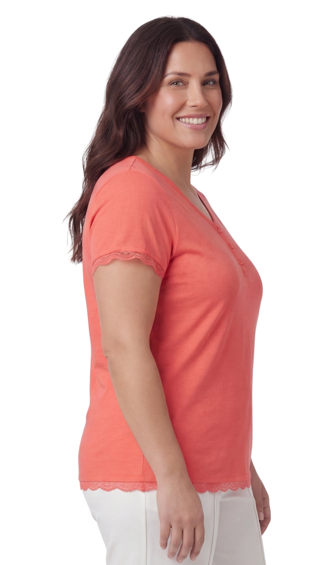 Women's Short Sleeve V-Neck Tee with 3-Button Henley Placket