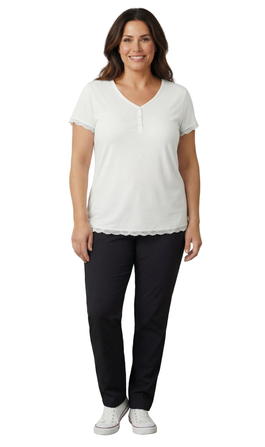 Women's Short Sleeve V-Neck Tee with 3-Button Henley Placket