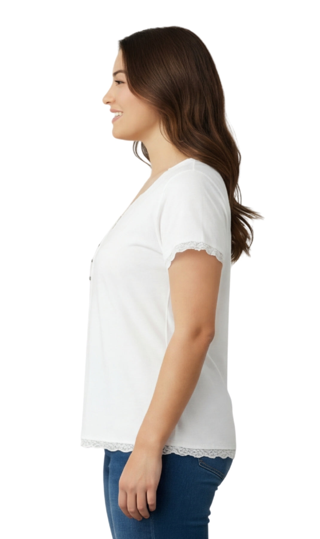 Women's Short Sleeve V-Neck Tee with 3-Button Henley Placket