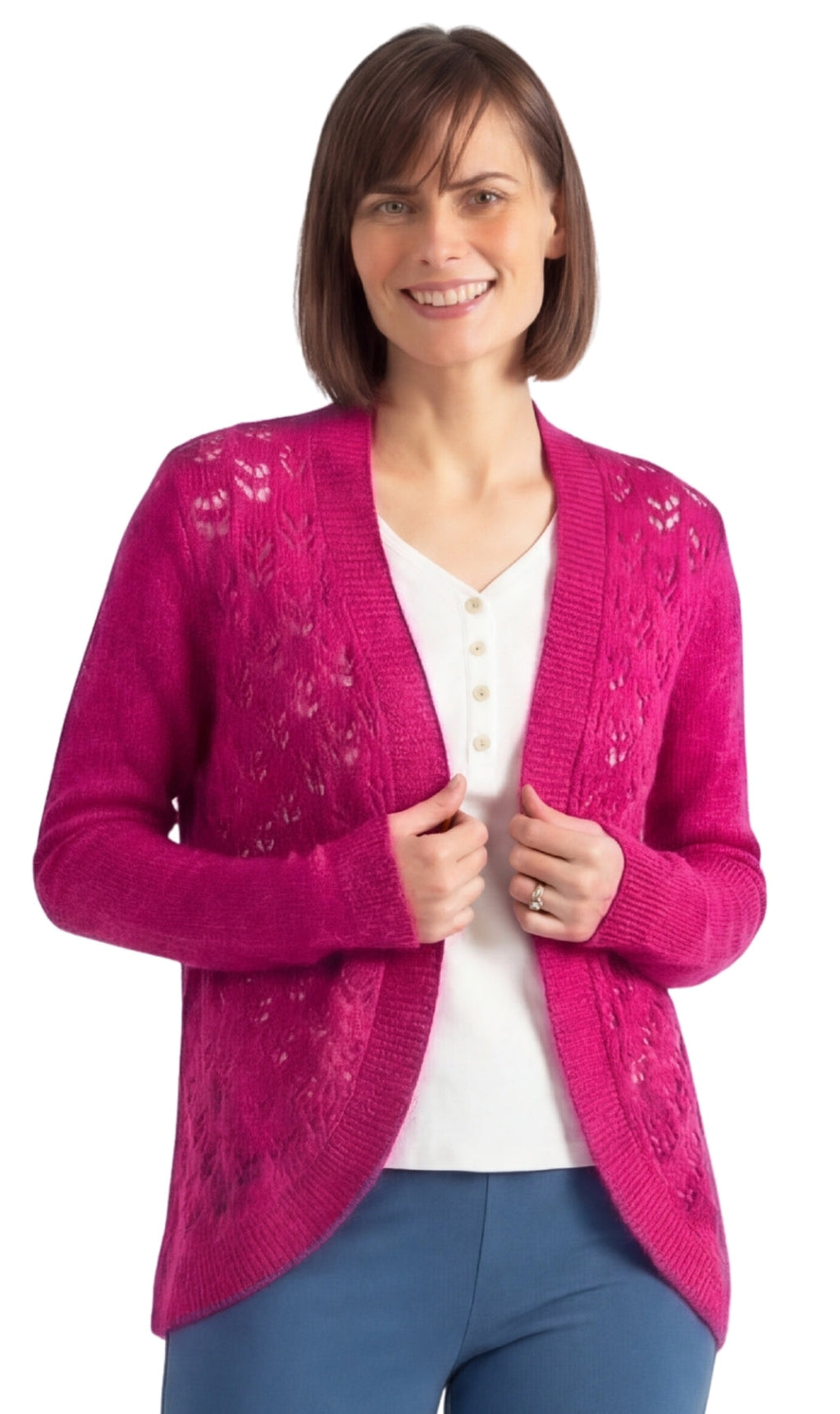 Women's Open Front Pointelle Shrug — Curved Hem Soft Acrylic
