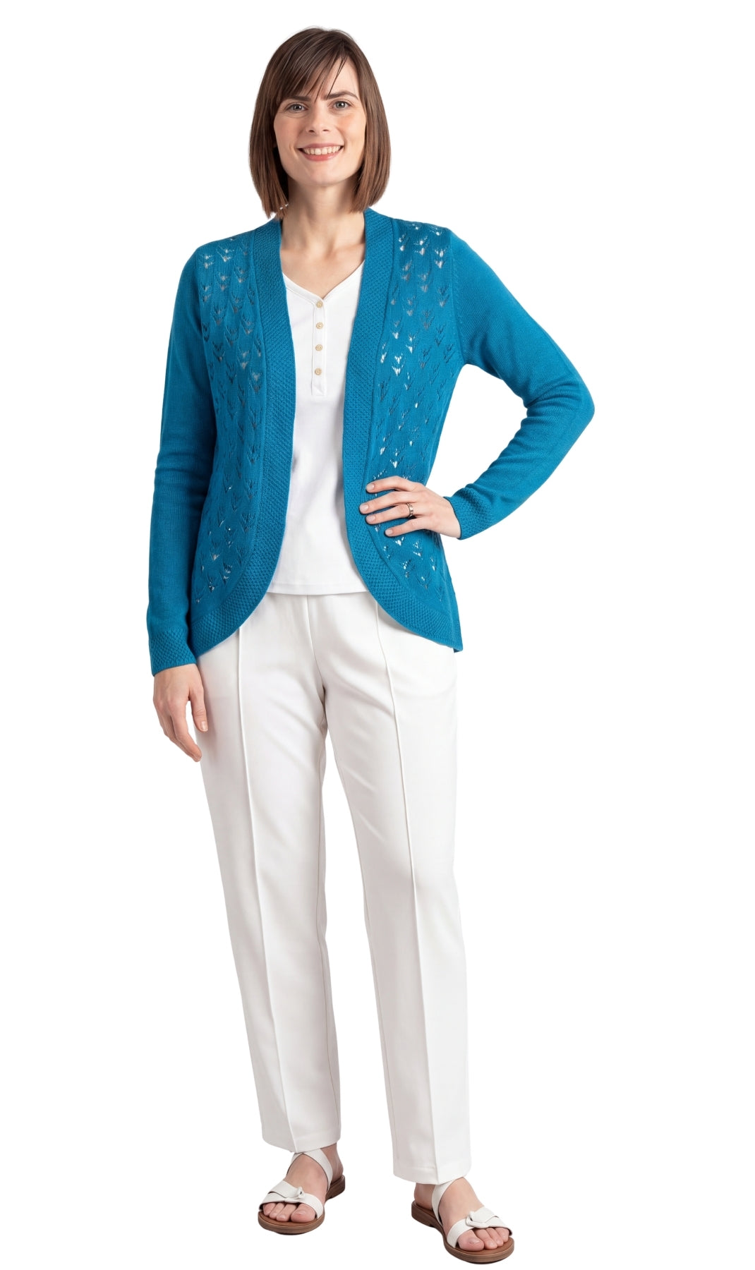 Women's Open Front Pointelle Shrug — Curved Hem Soft Acrylic