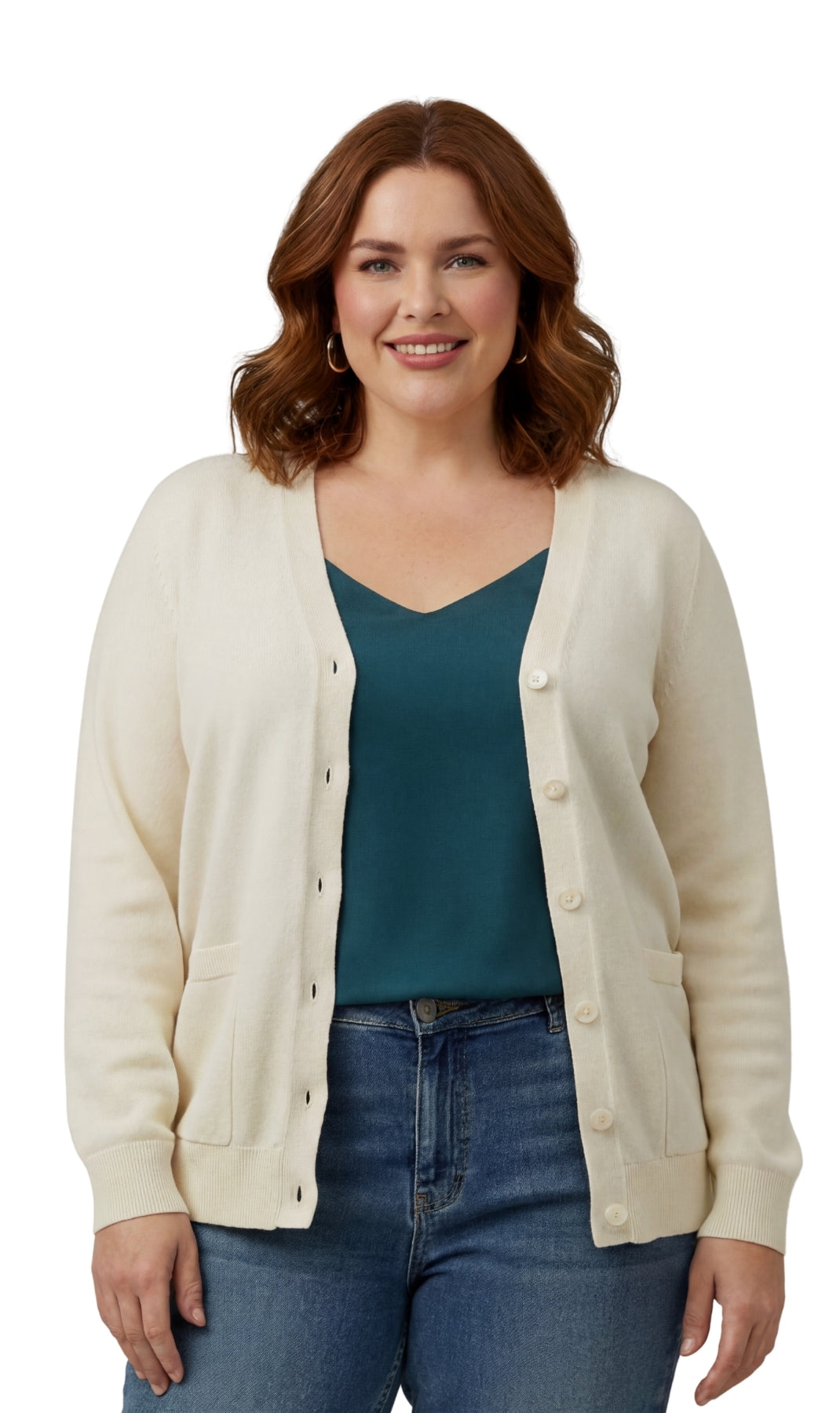 Women's Button Front Cardigan Crewneck Sweater with Pockets — Cotton Soft