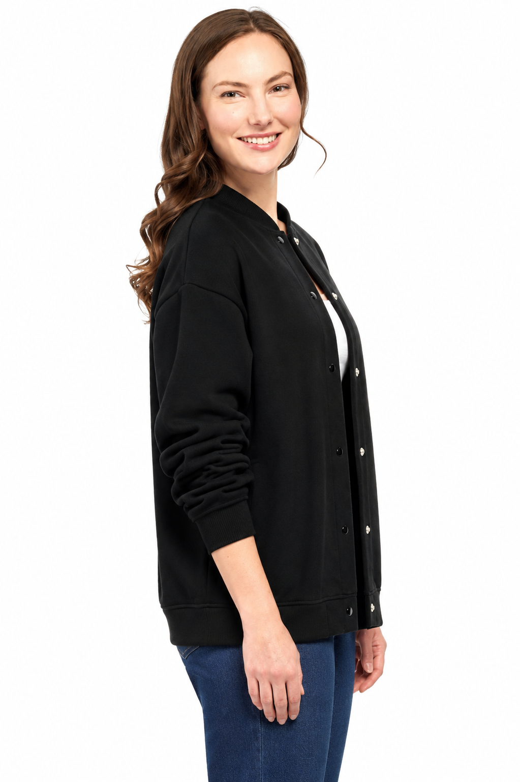 Women's Snap Up Jacket with Stand Collar and Patch Pockets