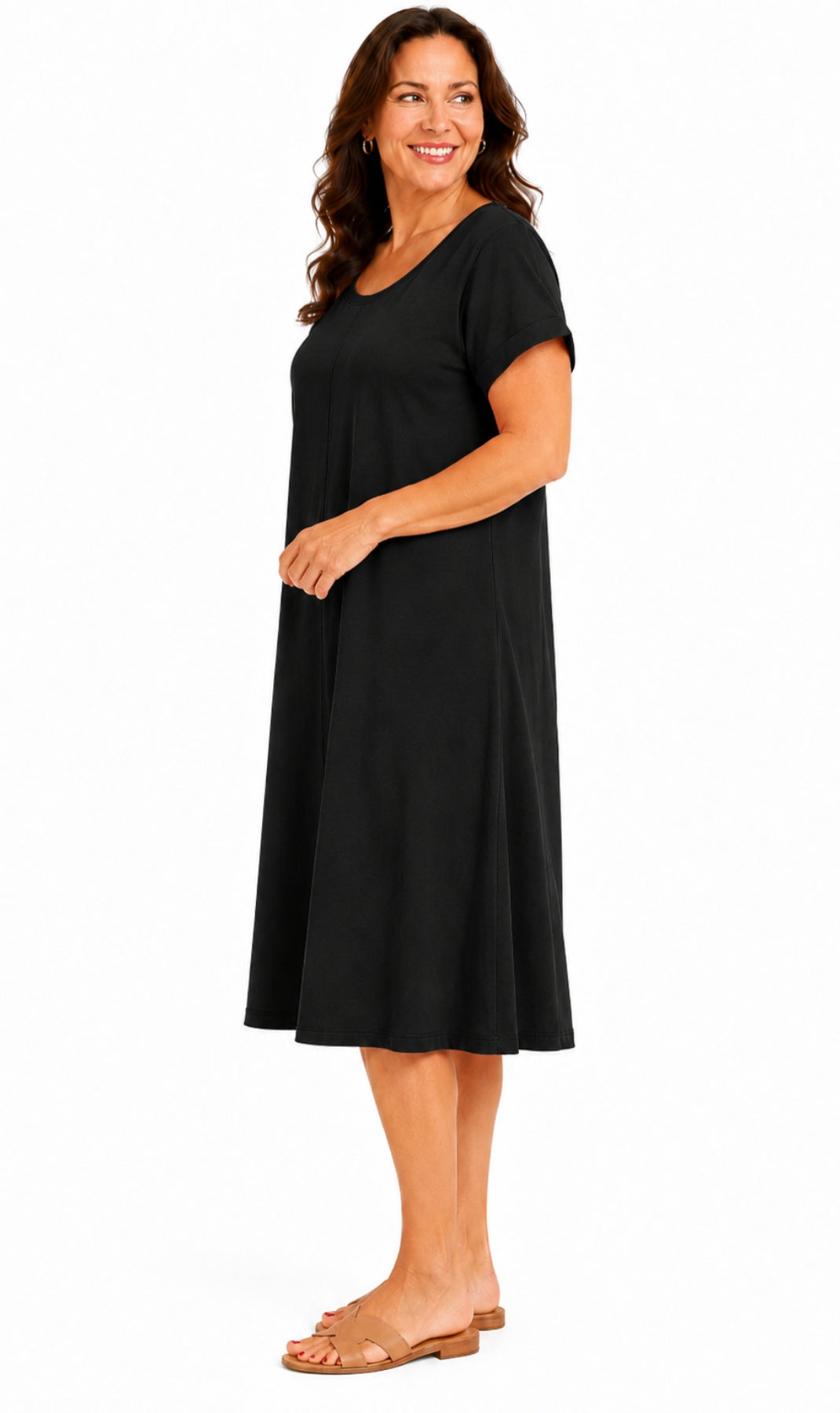 Women's Short Sleeve A-Line Knit Dress — Scoop Neck Asymmetrical Hem
