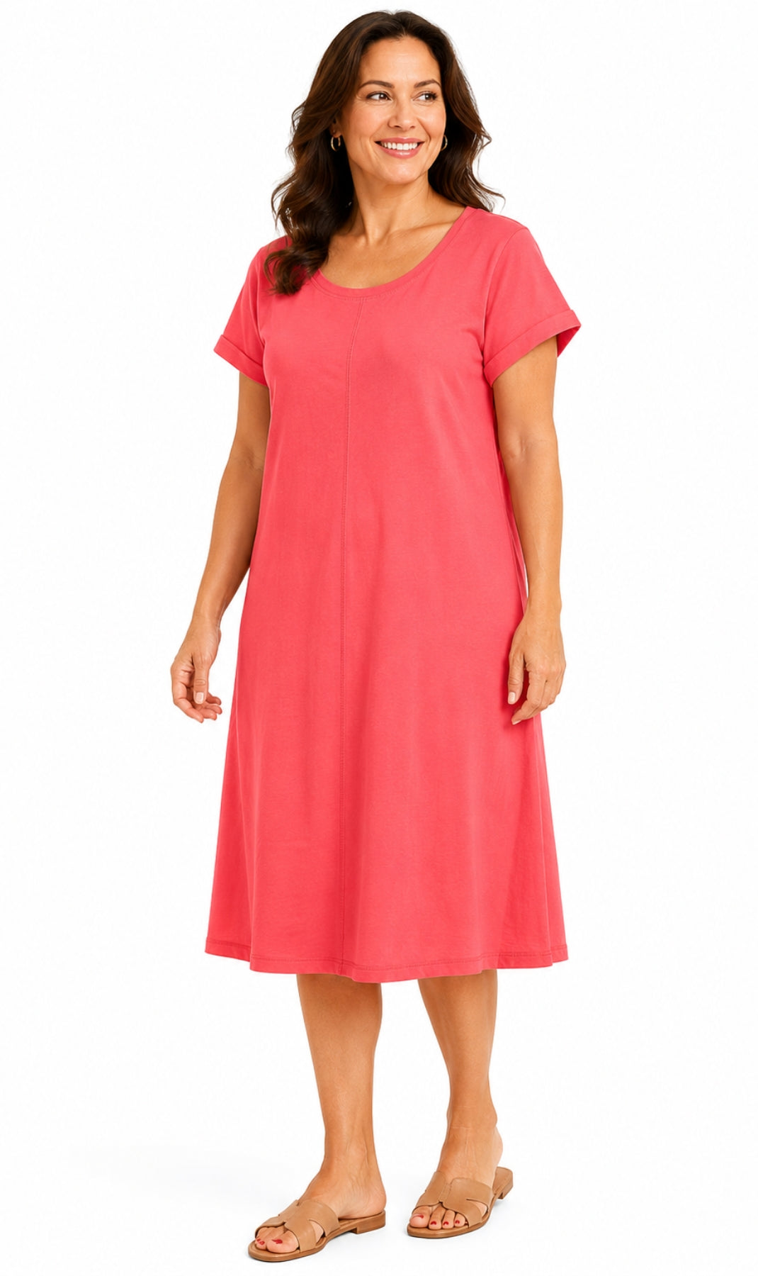 Women's Short Sleeve A-Line Knit Dress — Scoop Neck Asymmetrical Hem