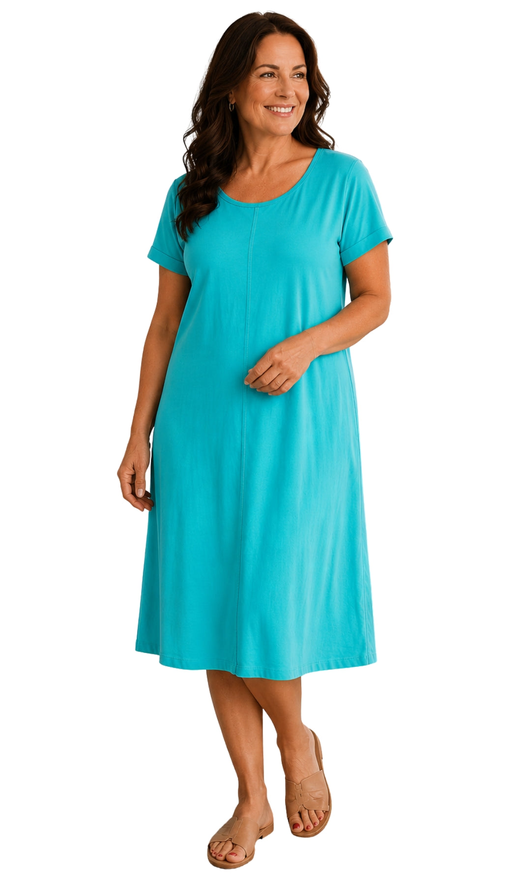 Women's Short Sleeve A-Line Knit Dress — Scoop Neck Asymmetrical Hem