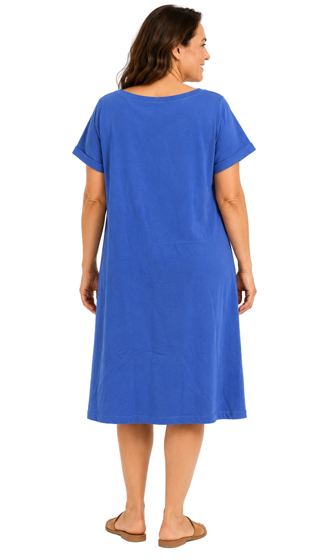 Women's Short Sleeve A-Line Knit Dress — Scoop Neck Asymmetrical Hem