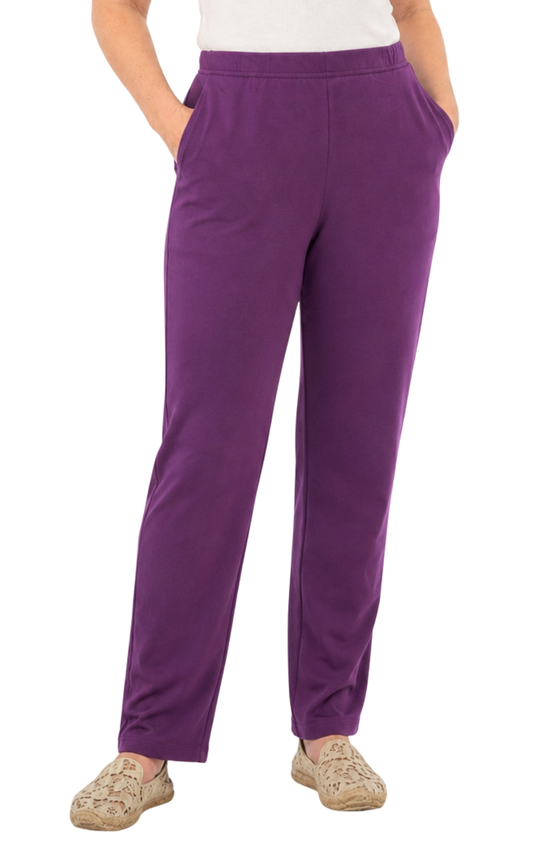 Women's Pull-On Flat Front Knit Pants — Cotton Blend Elastic Waist