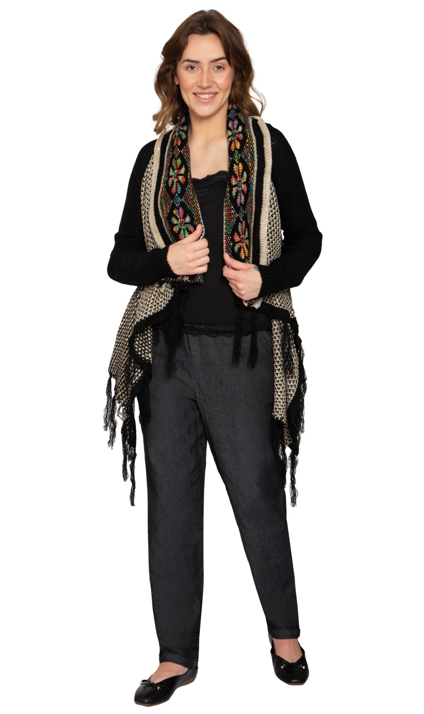 Women's Open Front Fringed Jacquard Weave Long Cardigan