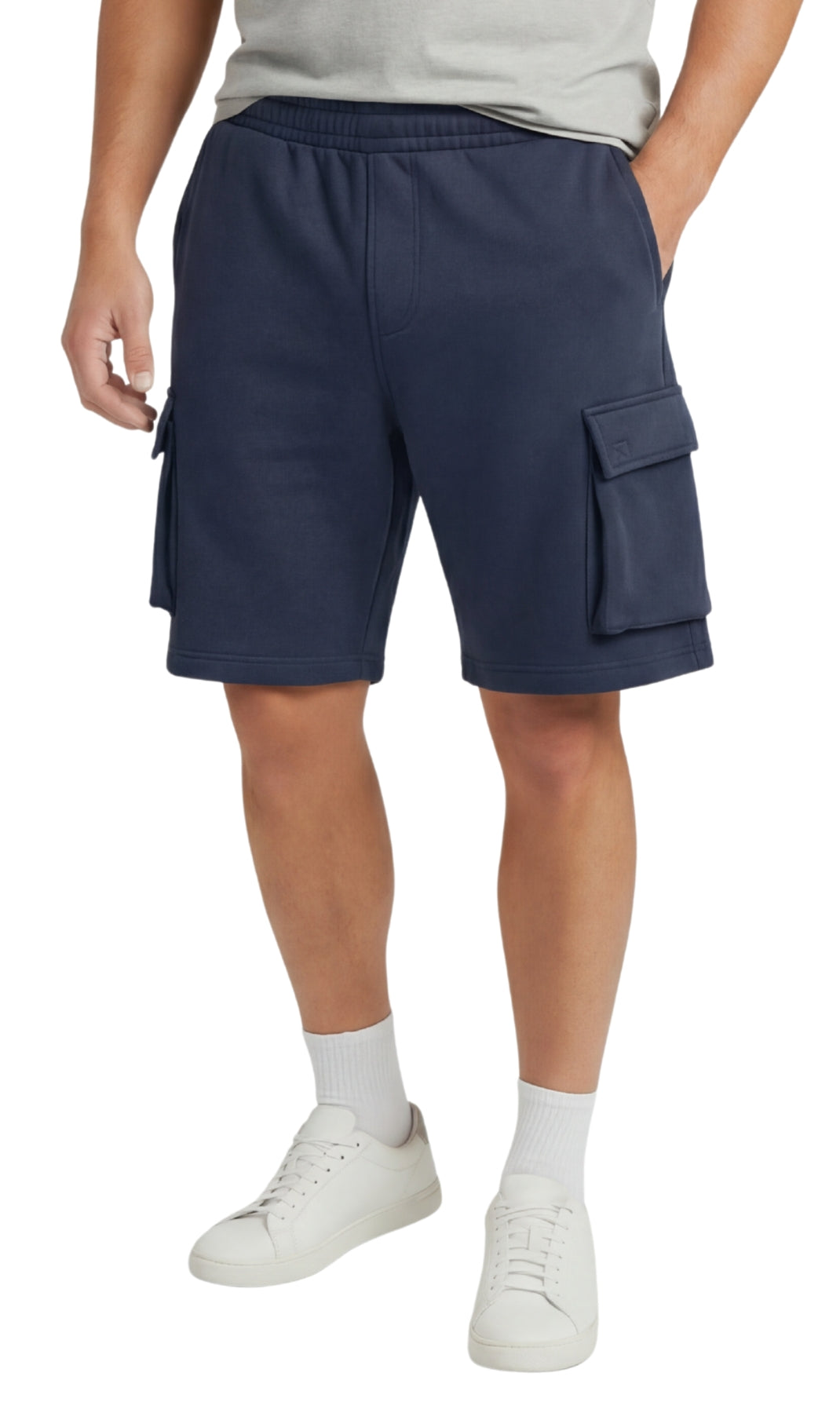 Men's Fleece Cargo Shorts — Elastic Waist Multi-Pocket Sweat Shorts