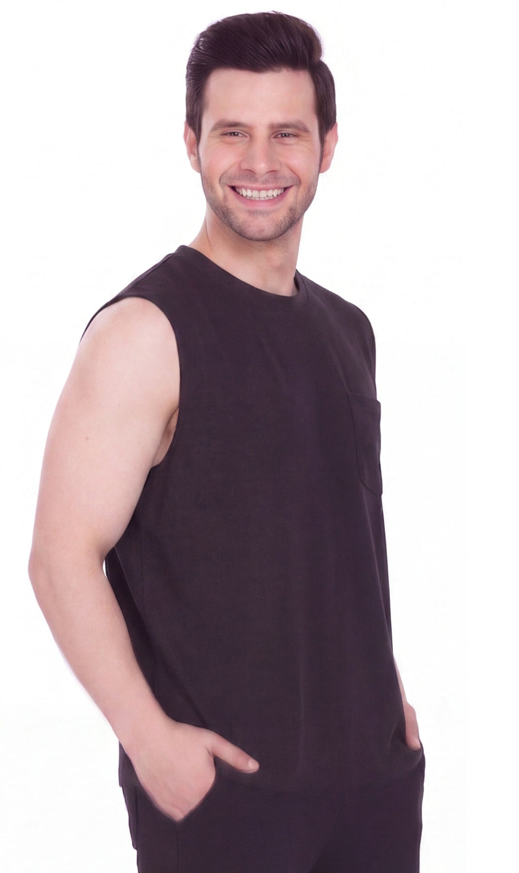 Men's Heavyweight Sleeveless Crew Neck T-Shirt with Chest Pocket