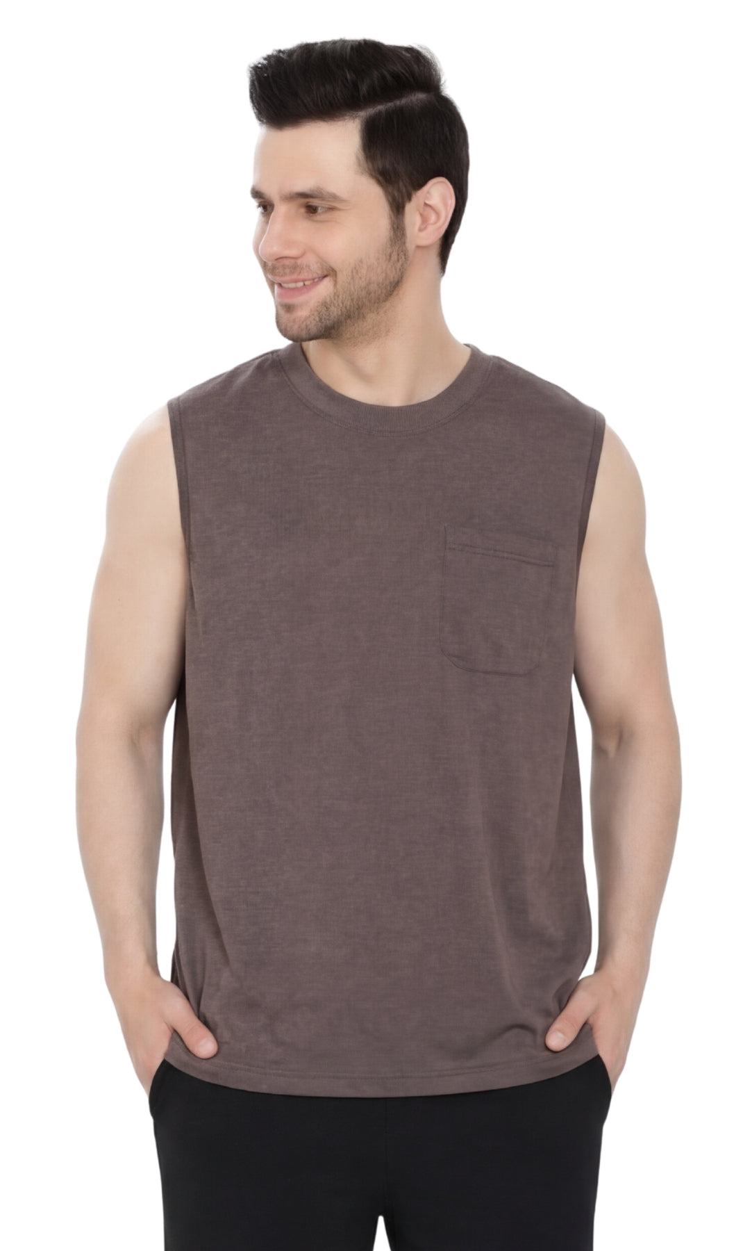 Men's Heavyweight Sleeveless Crew Neck T-Shirt with Chest Pocket