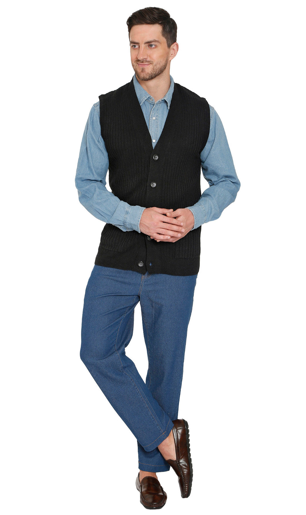 Men's Button Front Rib Knit Sweater Vest with Pockets — Relaxed Fit