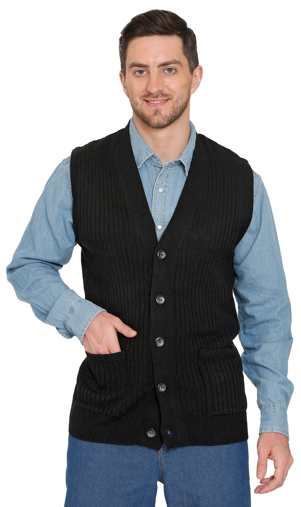 Men's Button Front Rib Knit Sweater Vest with Pockets — Relaxed Fit