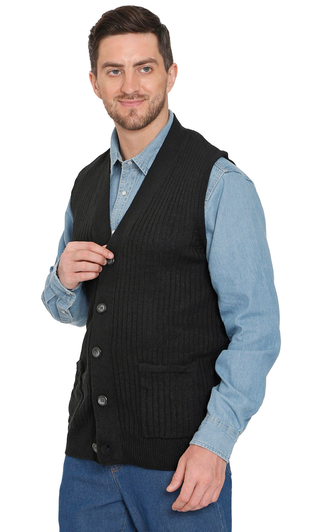 Men's Button Front Rib Knit Sweater Vest with Pockets — Relaxed Fit