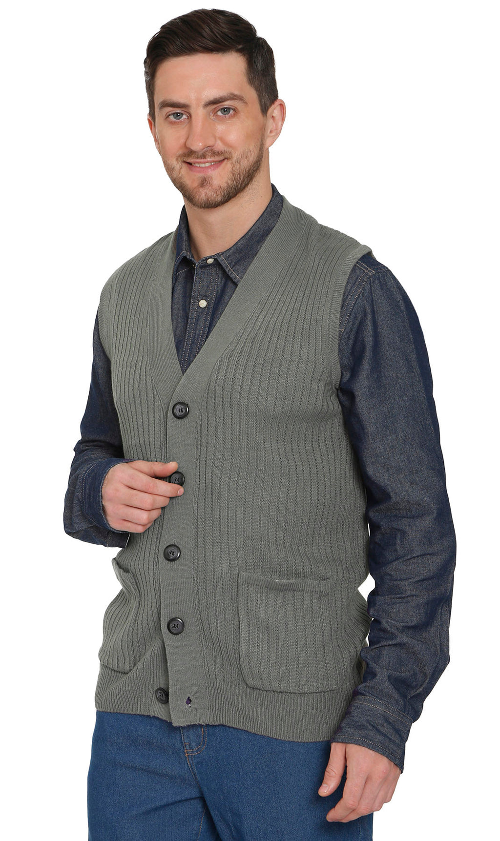 Men's Button Front Rib Knit Sweater Vest with Pockets — Relaxed Fit