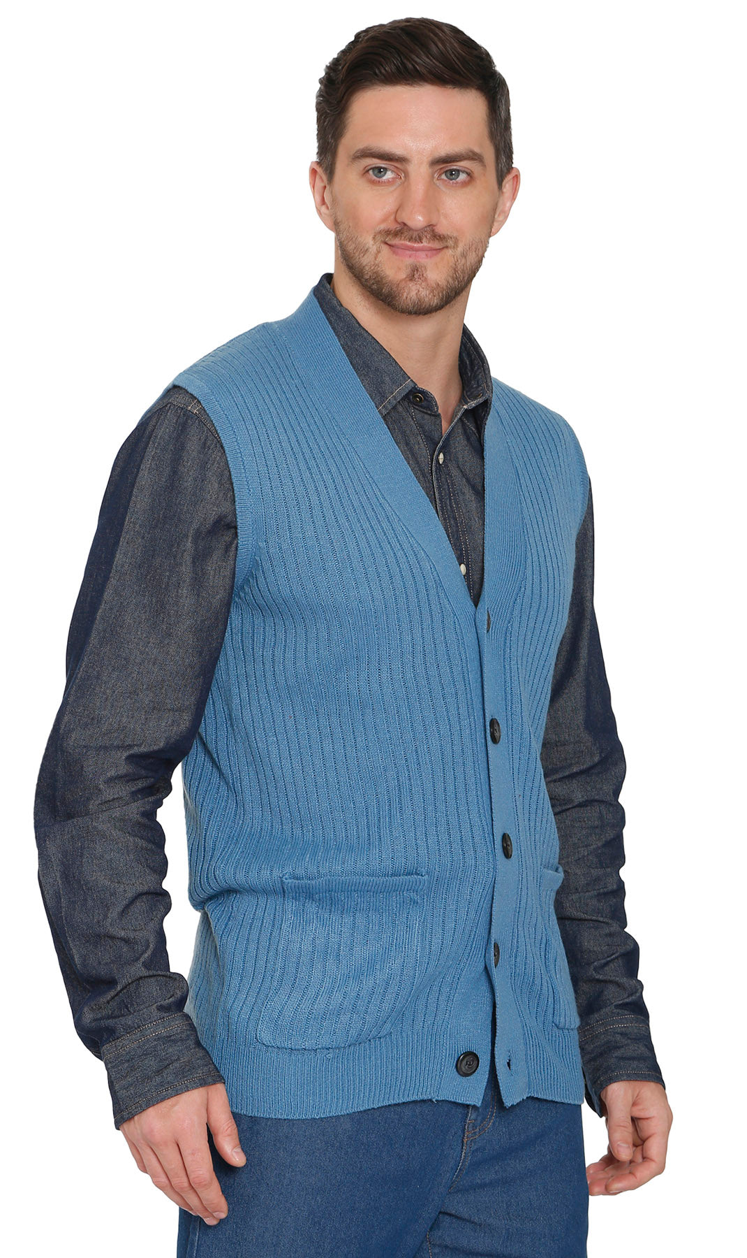 Men's Button Front Rib Knit Sweater Vest with Pockets — Relaxed Fit