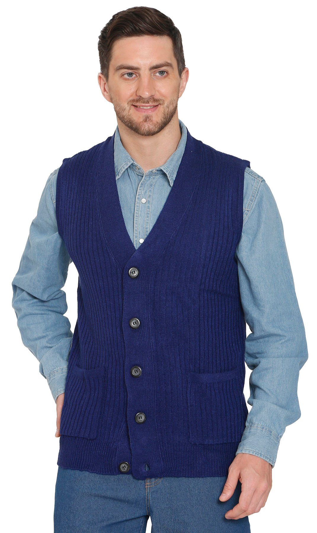 Men's Button Front Rib Knit Sweater Vest with Pockets — Relaxed Fit