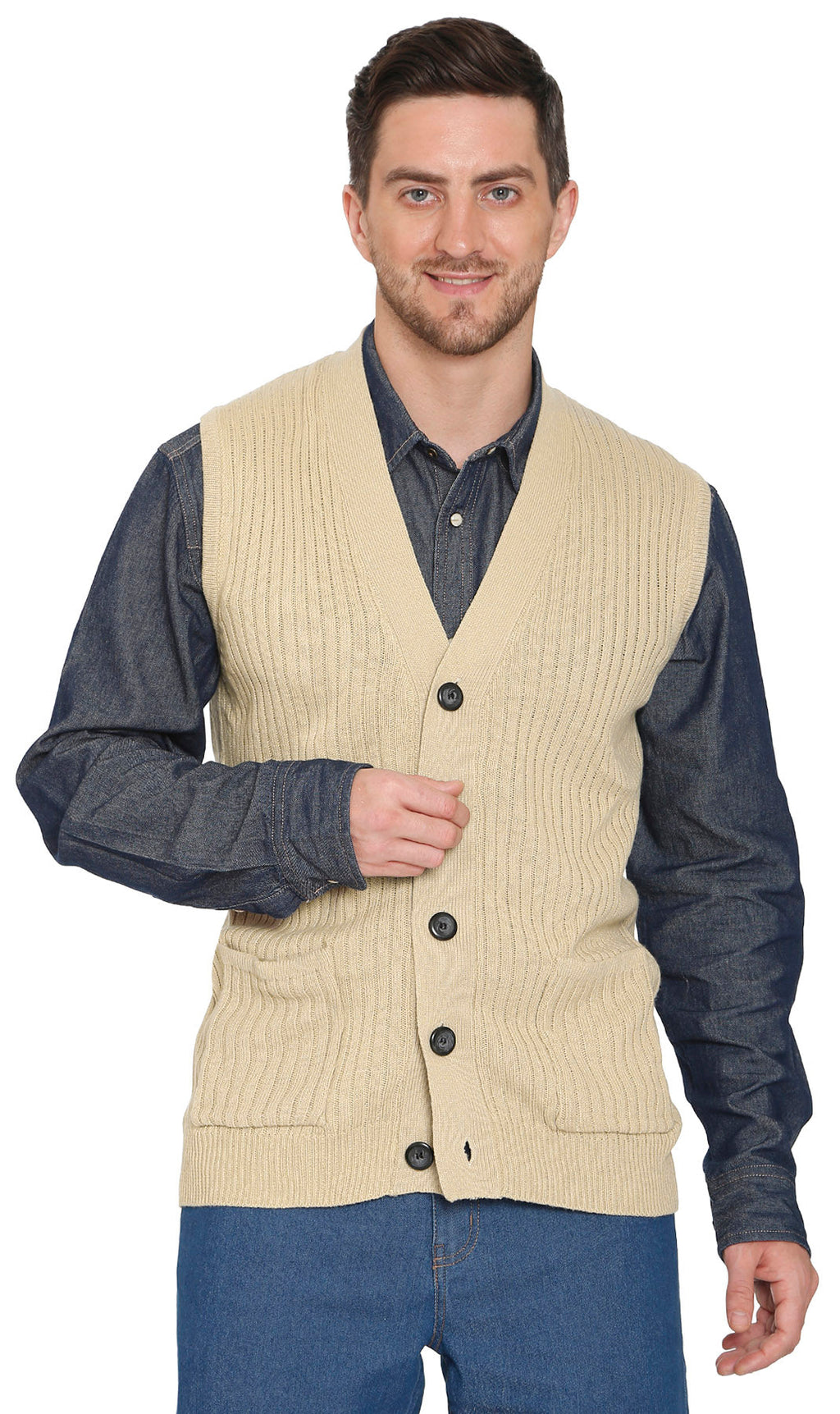 Men's Button Front Rib Knit Sweater Vest with Pockets — Relaxed Fit