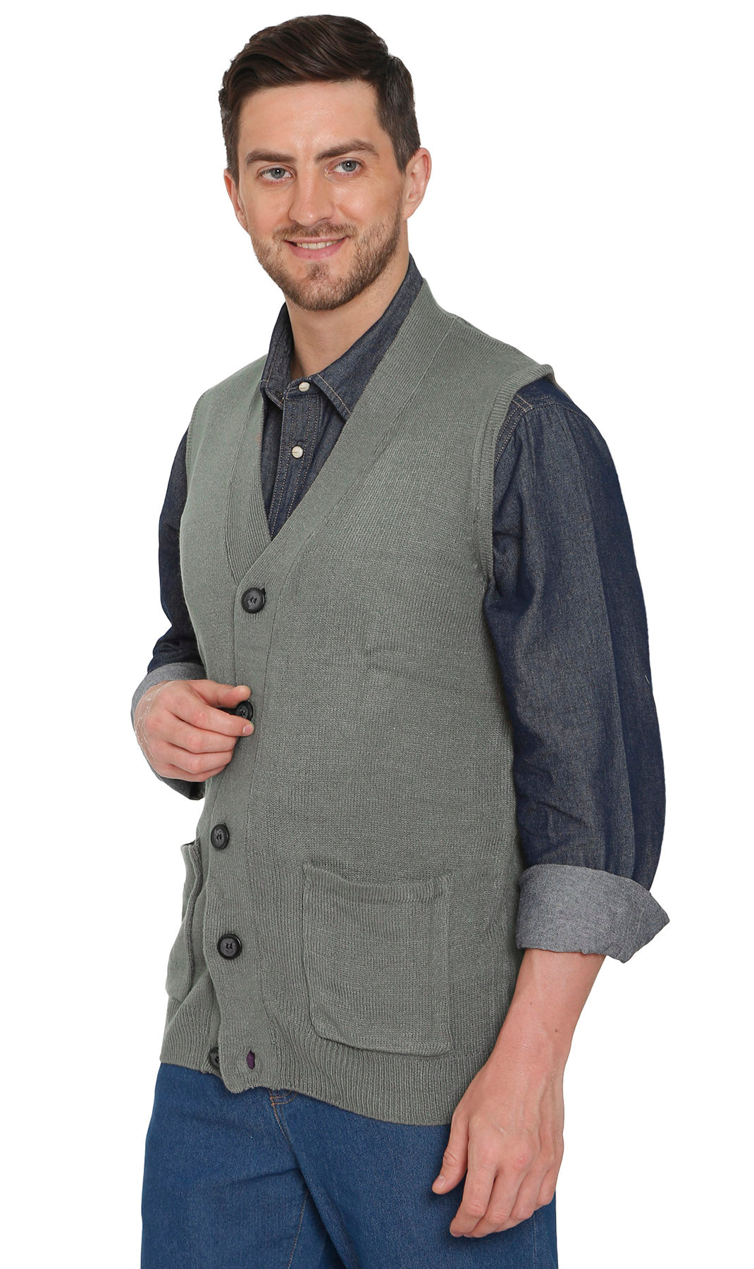 Men's Cashmere-Like Button Front Flat Knit Sweater Vest with Chest Pockets