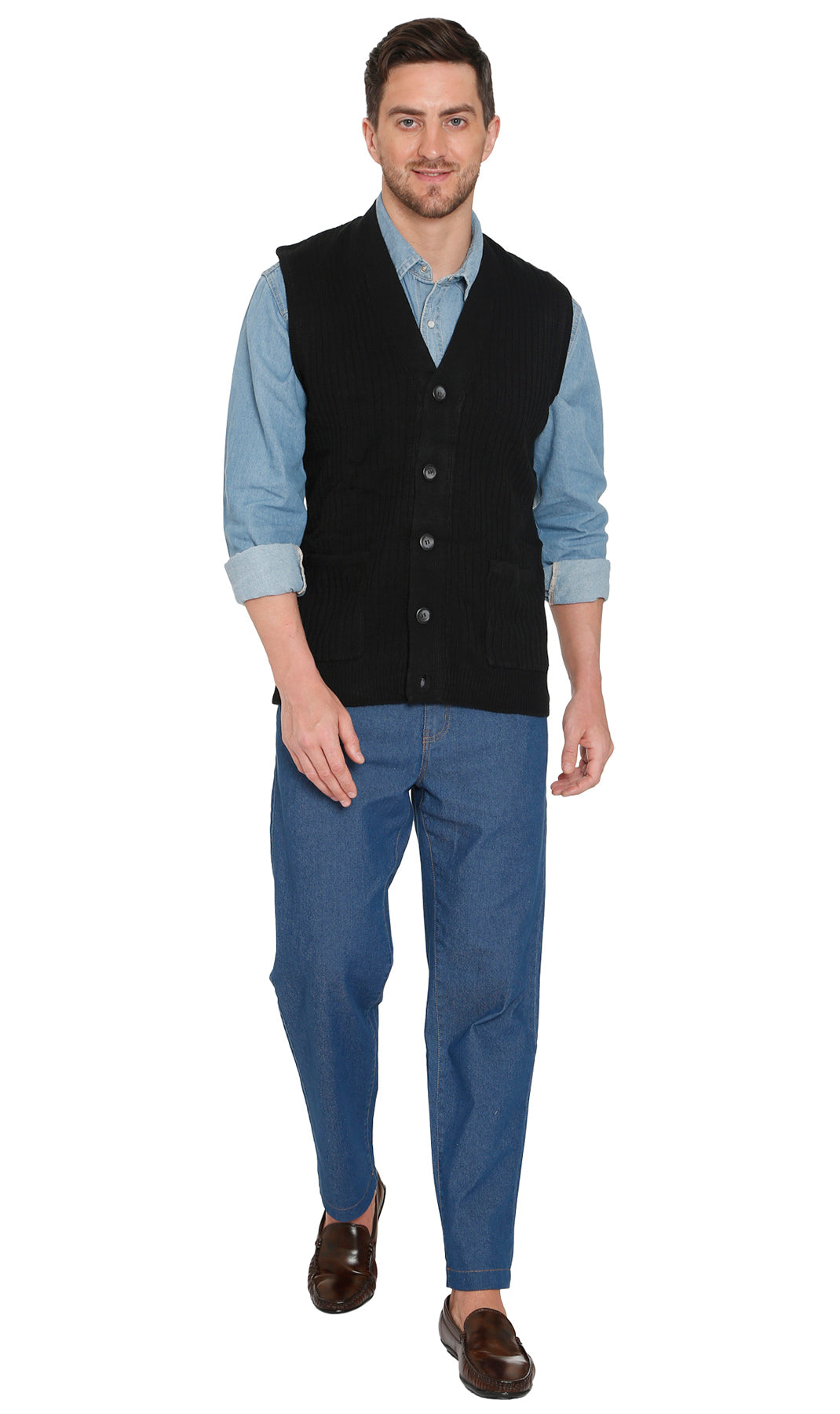 Men's Cashmere-Like Button Front Flat Knit Sweater Vest with Chest Pockets