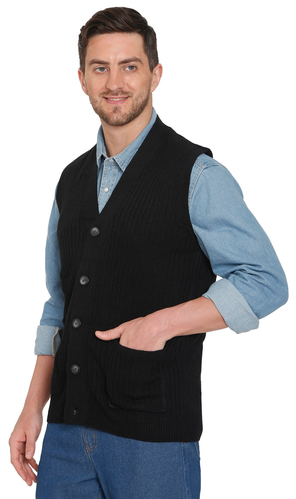 Men's Cashmere-Like Button Front Flat Knit Sweater Vest with Chest Pockets