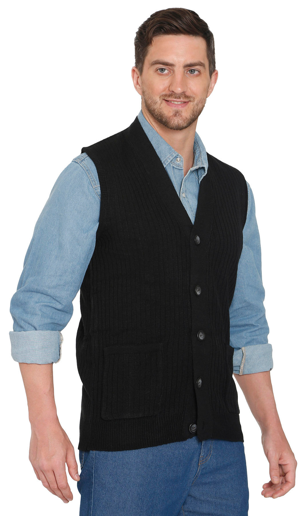 Men's Cashmere-Like Button Front Flat Knit Sweater Vest with Chest Pockets