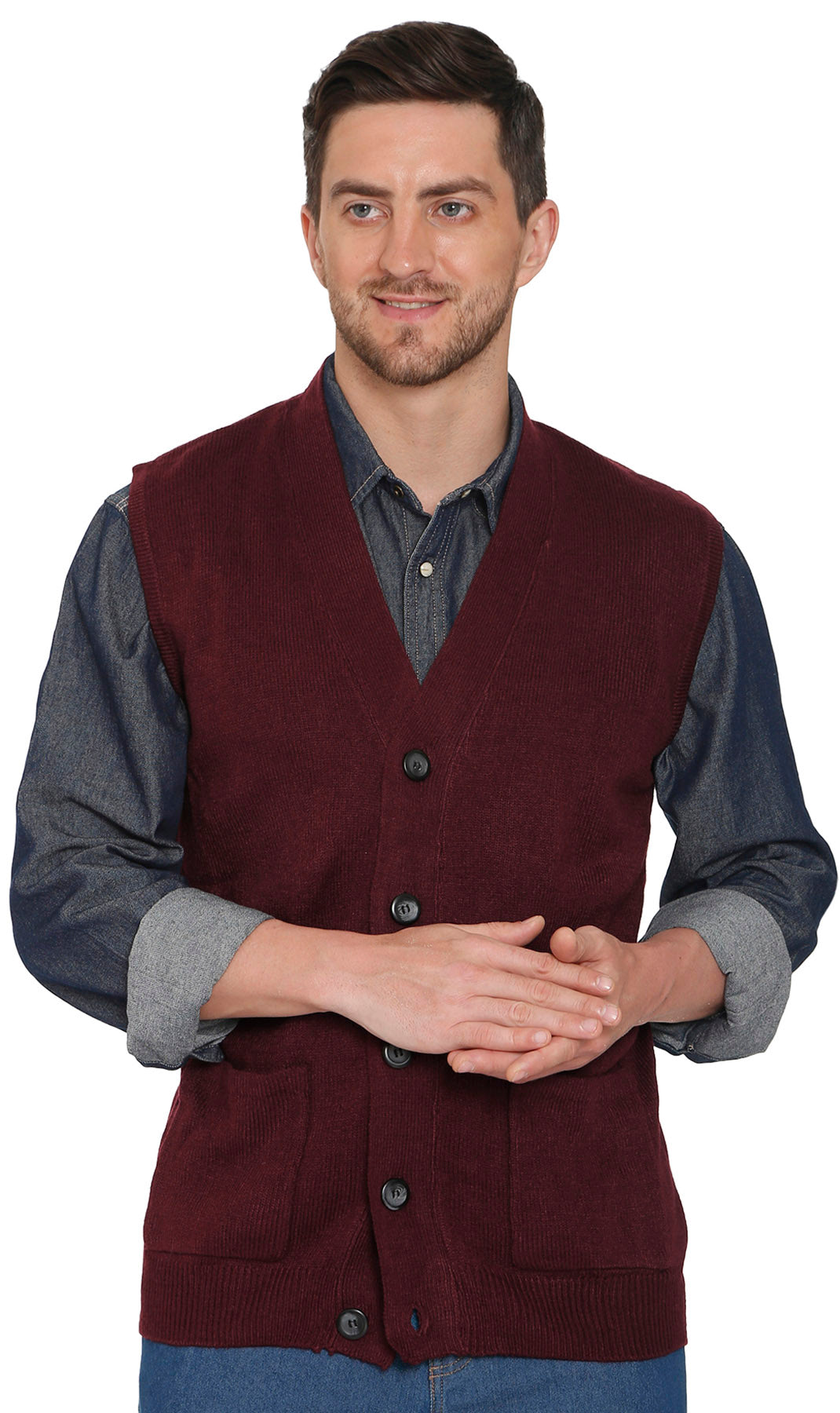Men's Cashmere-Like Button Front Flat Knit Sweater Vest with Chest Pockets