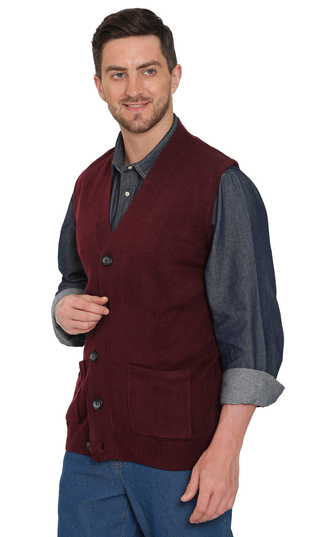 Men's Cashmere-Like Button Front Flat Knit Sweater Vest with Chest Pockets