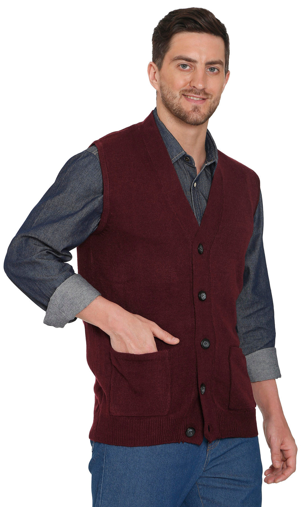 Men's Cashmere-Like Button Front Flat Knit Sweater Vest with Chest Pockets