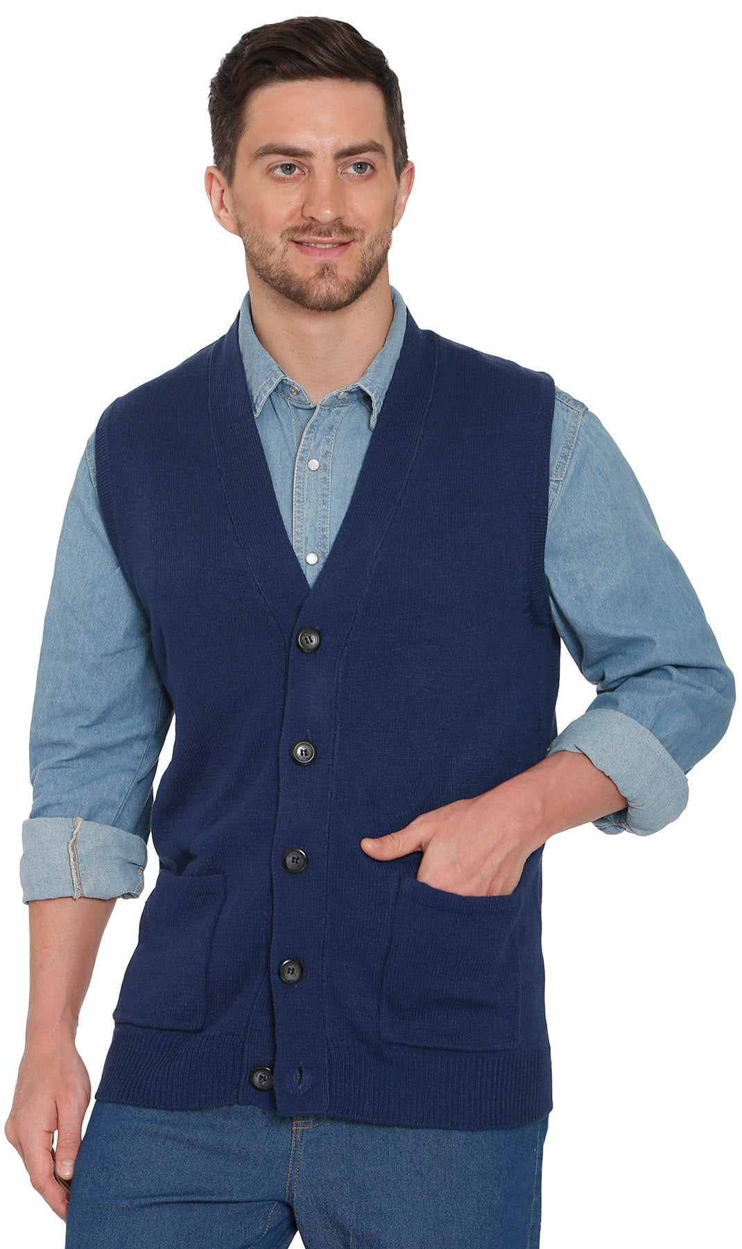 Men's Cashmere-Like Button Front Flat Knit Sweater Vest with Chest Pockets