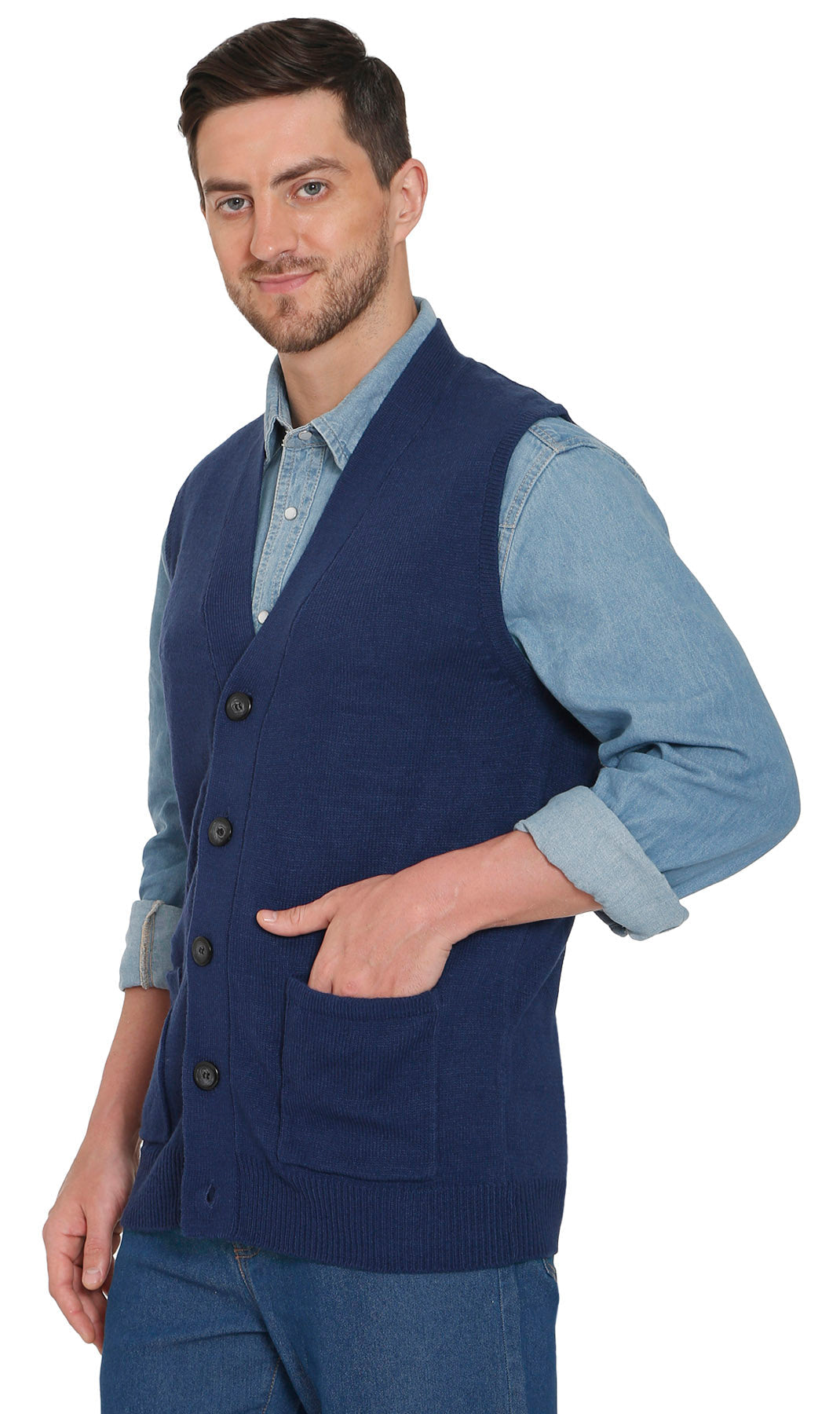Men's Cashmere-Like Button Front Flat Knit Sweater Vest with Chest Pockets