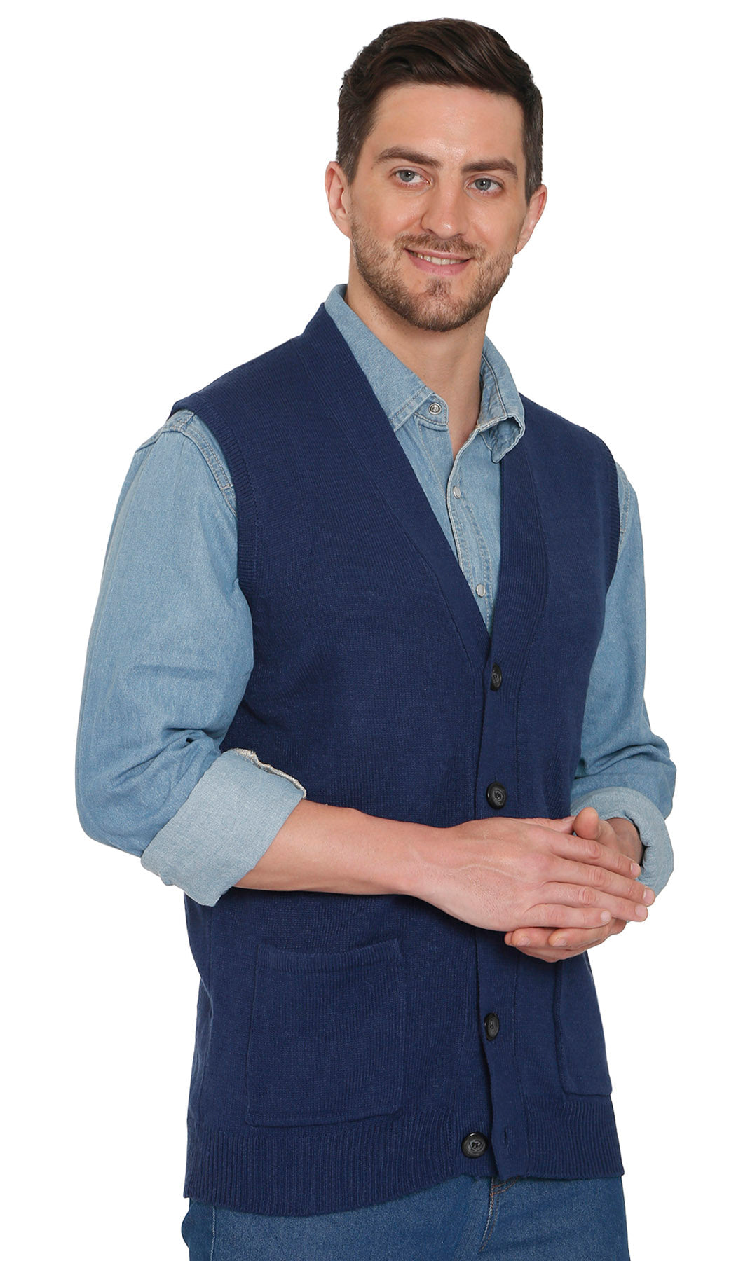 Men's Cashmere-Like Button Front Flat Knit Sweater Vest with Chest Pockets