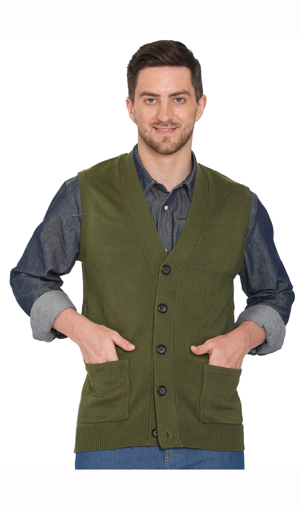 Men's Cashmere-Like Button Front Flat Knit Sweater Vest with Chest Pockets