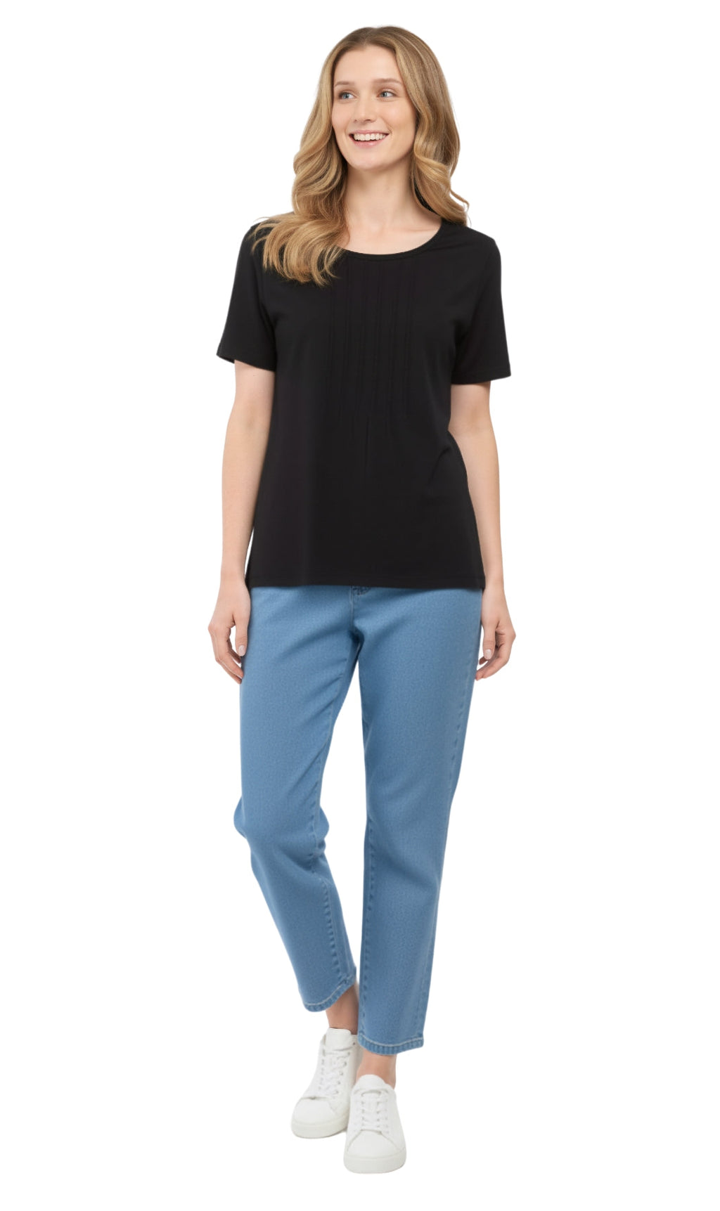 Women's Short Sleeve Pintuck Scoop Neck T-Shirt — 100% Cotton Knit