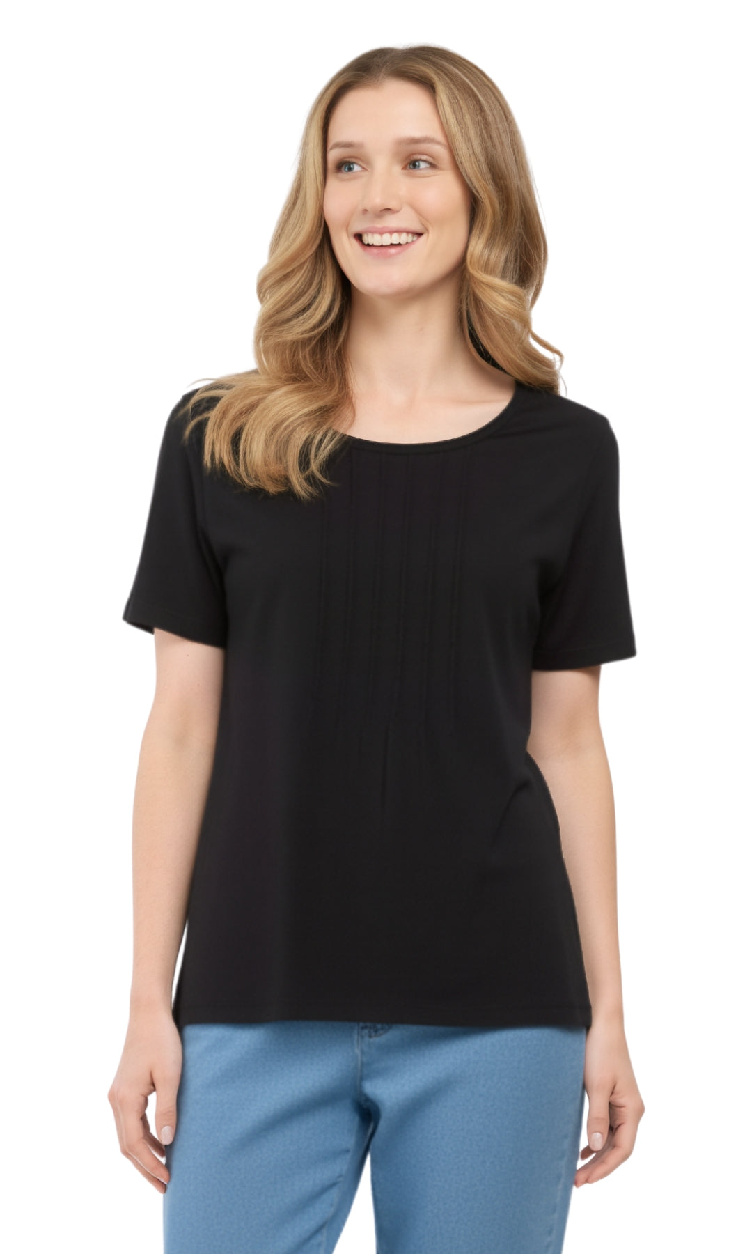 Women's Short Sleeve Pintuck Scoop Neck T-Shirt — 100% Cotton Knit