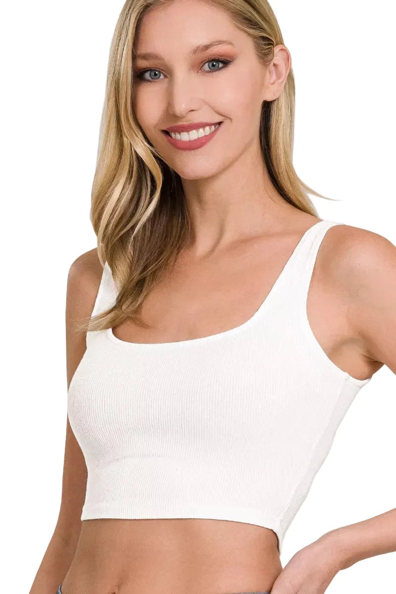 White Ribbed Rayon Square Neck Brami Cropped Tank