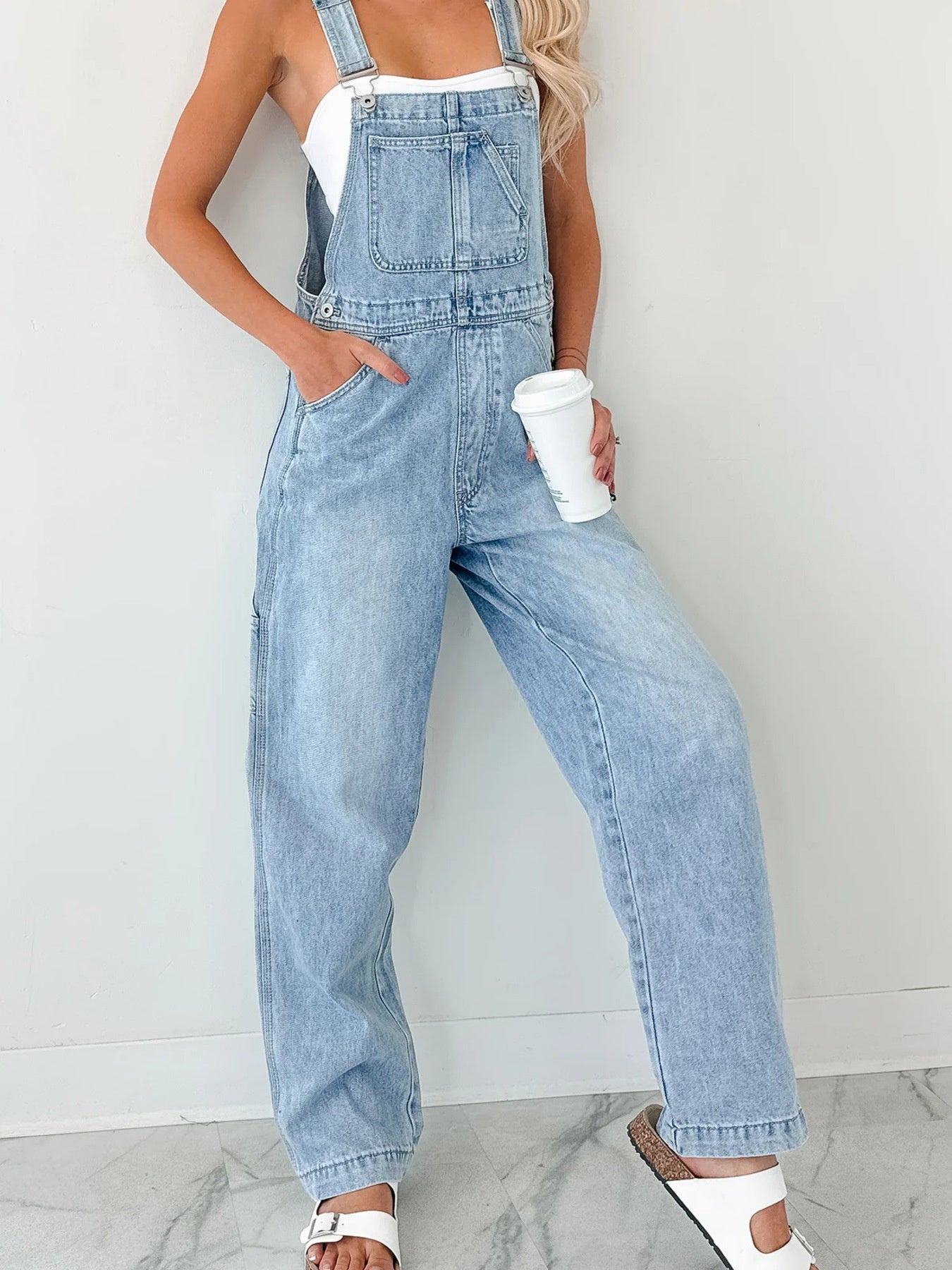 Wide Strap Relaxed Fit Light Blue Denim Overalls