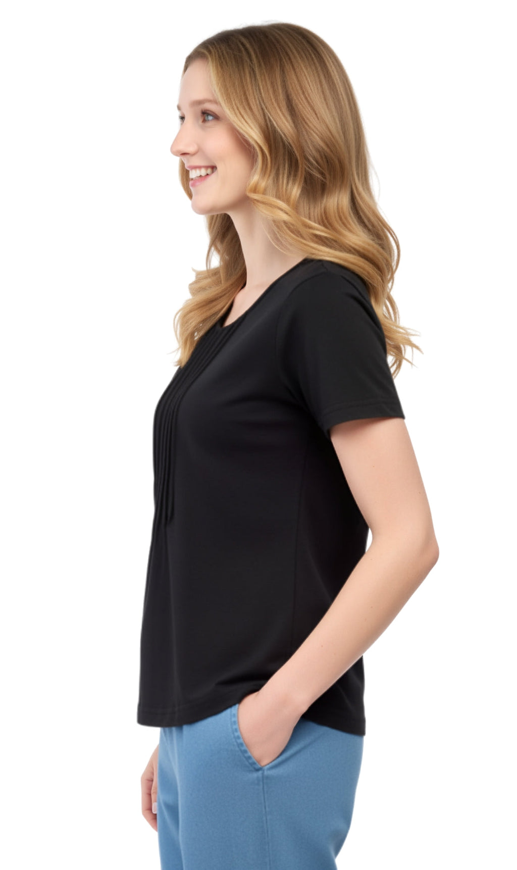 Women's Short Sleeve Pintuck Scoop Neck T-Shirt — 100% Cotton Knit