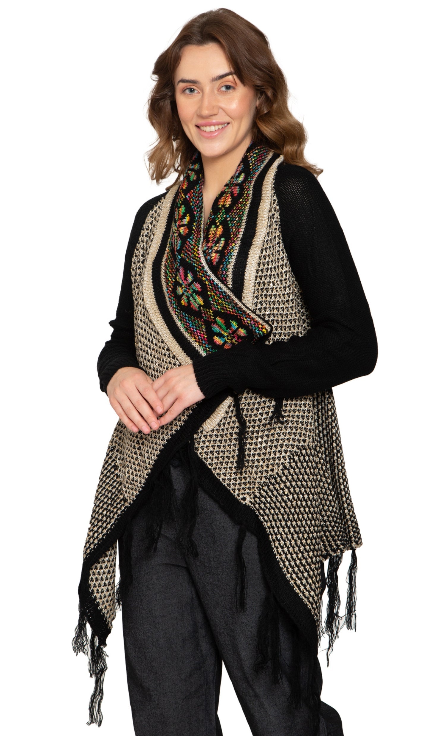 Women's Open Front Fringed Jacquard Weave Long Cardigan